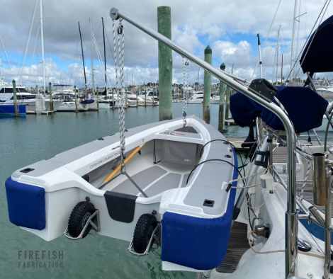 Custom stainless steel davit system by marine Stainless Steel Fabricators, Firefish Fabrication, Auckland.