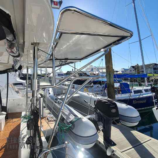 Solar canopy and Custom stainless steel davit system by marine Stainless Steel Fabricators, Firefish Fabrication, Auckland.