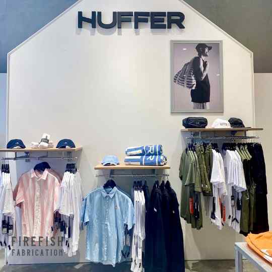 Huffer Retail store fit out, custom counter, clothes racking, mobile shelving by Fabricators, Firefish Fabrication, Auckland.