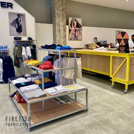 Huffer Retail store fit out, custom counter, clothes racking, mobile shelving by Fabricators, Firefish Fabrication, Auckland.