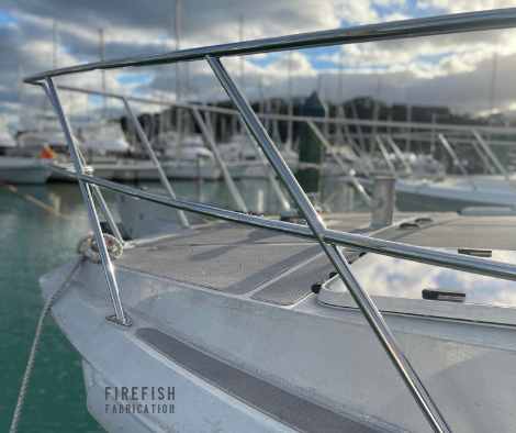 Custom stainless steel Bowrail by marine Stainless Steel Fabricators, Firefish Fabrication, Auckland.