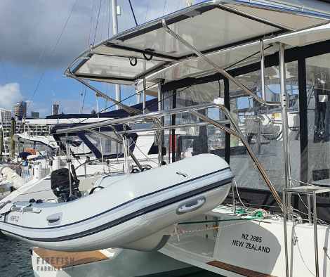 Solar canopy and davit system by marine Stainless Steel Fabricators, Firefish Fabrication, Auckland.