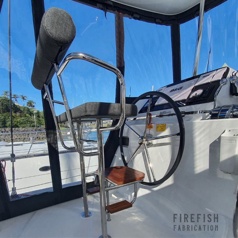 Custom stainless steel removable boat seat by marine Stainless Steel Fabricators, Firefish Fabrication, Auckland.